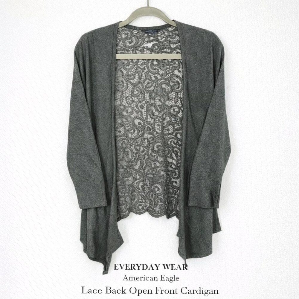 American Eagle Gray Open Front Cardigan Lace Back Panel Draped Knit Women’s L